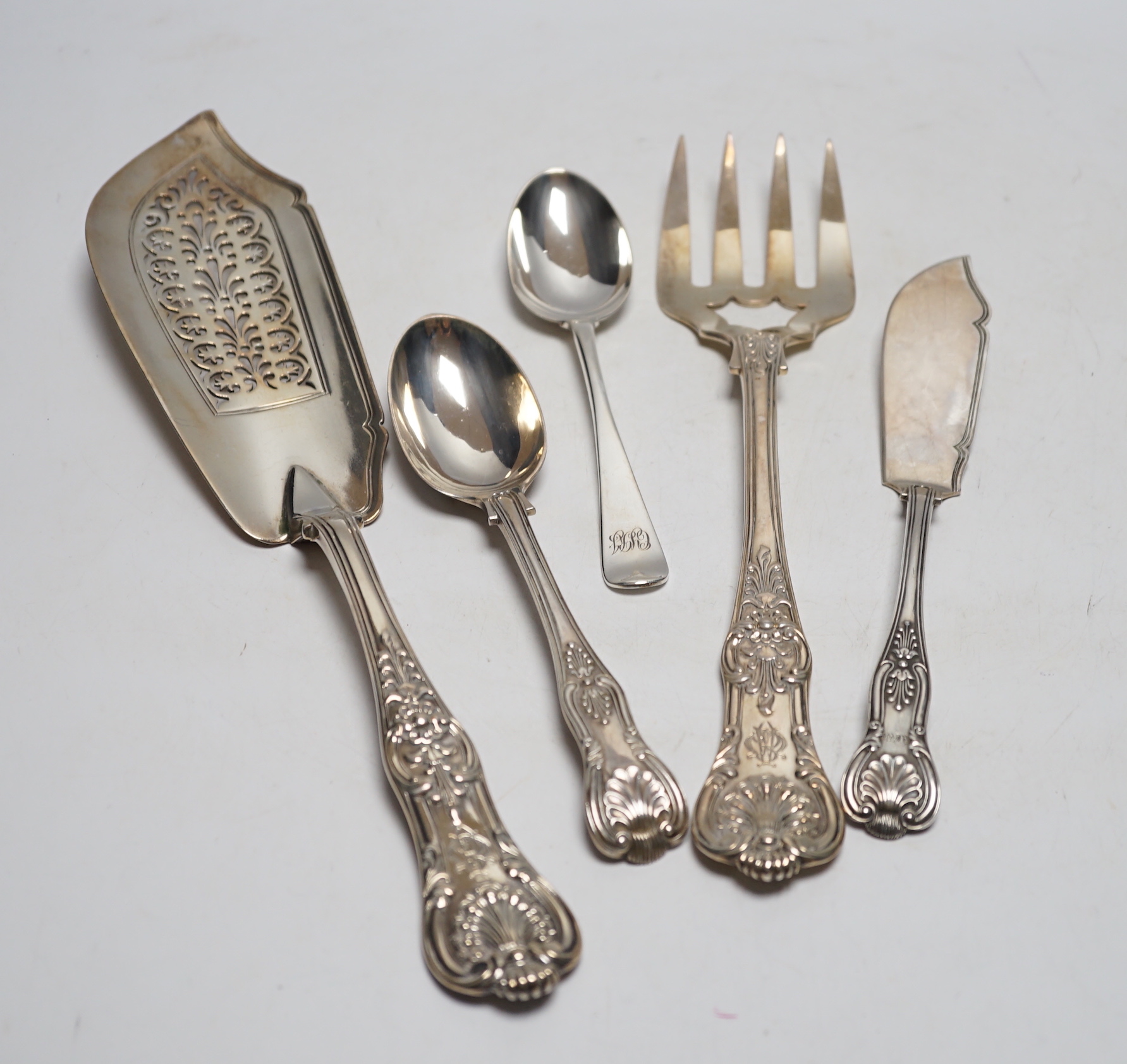 A part canteen of Victorian silver Kings pattern flatware including six tablespoons, six table forks, four dessert forks, four dessert spoons, Francis Higgins, London, 1876 and a quantity of other flatware, various dates
